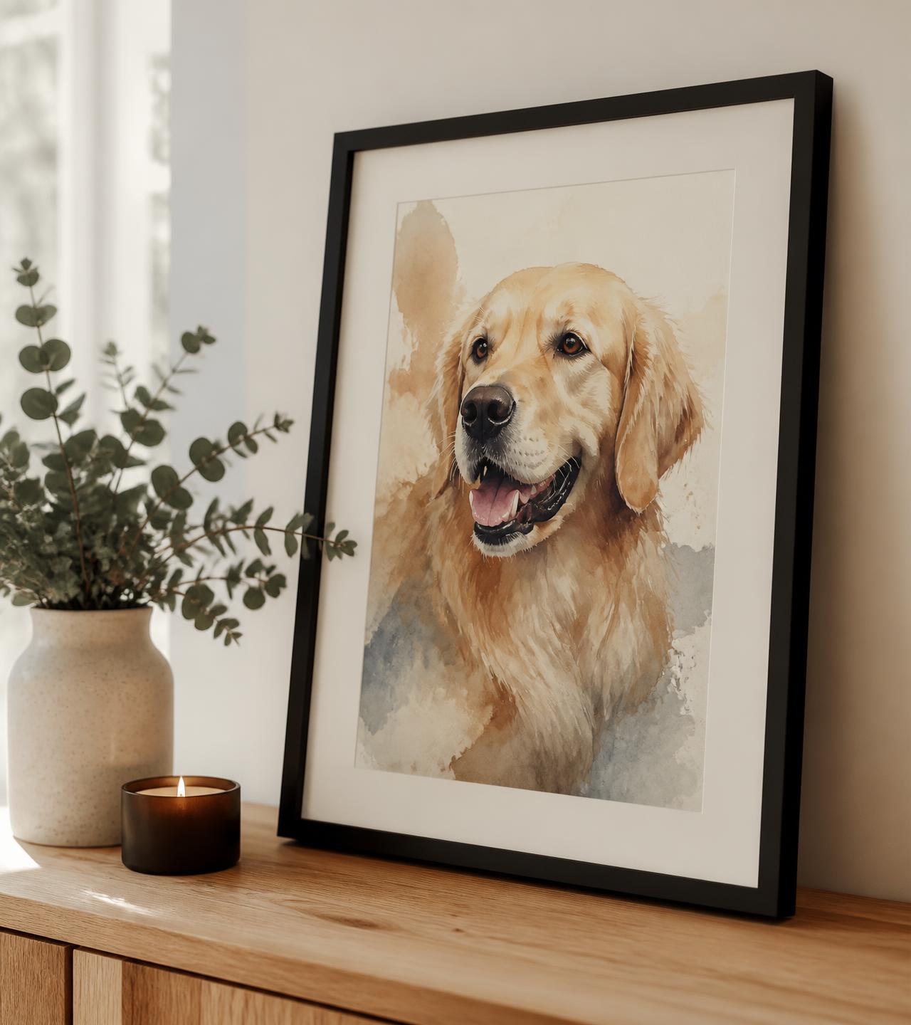 A framed watercolour portrait of a golden retriever resting on an oak console table in a calm ivory room
